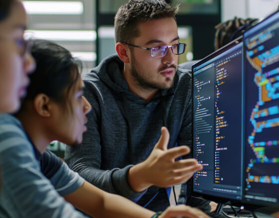 Der Programmiertrainer erklärt den Schülern das Programm im Detail und beantwortet ihre Fragen.
